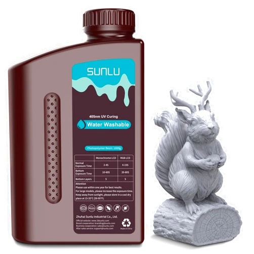 SUNLU Water Washable Resin 1000g, Fast Curing 3D Printer Resin for LCD DLP SLA Resin 3D Printers, 395 to 405nm UV Curing 3D Printing Liquid Photopolymer Resin, Low Shrinkage, High Precision, 1kg, Grey