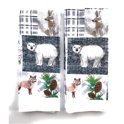 Holiday Time 2 Piece Towel Set. Woodland Critters to Brighten Your Cabin or Woodland Home. A Variety of Forest Animals for Your Kitchen. 15 x 25 inch
