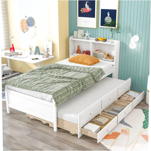 Voqoomkl Twin Bed with Trundle & 3 Drawers & Bookcase Headboard for Child Teens Adults, Platform Bed Frame Storage Bed Bookcase Bed for Apartment Bedroom Home, Solid Wood Bed, No Box Spring Needed