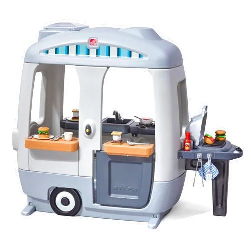 Step2 Adventure Camper Kids Playhouse, Indoor/Outdoor Playset with Kitchenette, Interactive Doorbell Sounds, 52-Piece Toy Accessories, Durable Plastic, For Toddlers 2+ Years