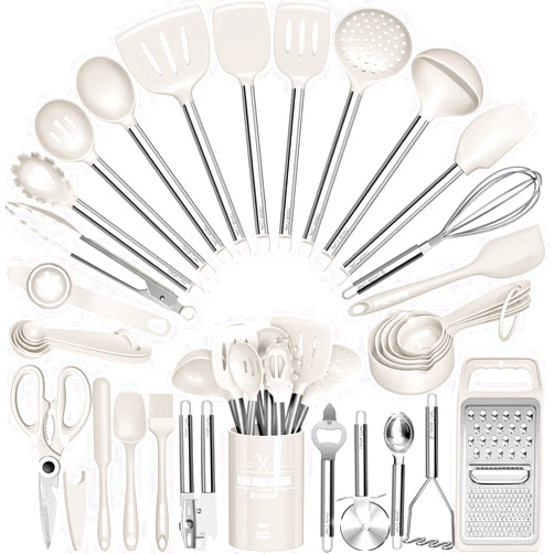 Umite Chef Kitchen Utensils Set-Umite Chef 34 Pcs Silicone Cooking Utensils Set for Nonstick Cookware-Silicone Spatulas Set, Stainless Steel Handle-Khaki Kitchen Gadgets Tools, Pots and Pans Accessories