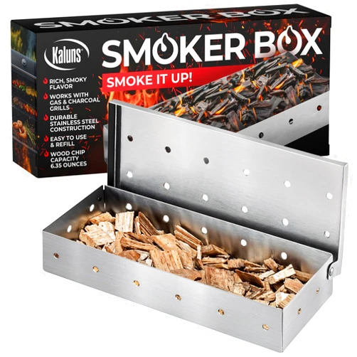 Kaluns Smoker Box For Gas Grill or Charcoal Grill, Stainless Steel Smoke Box, Works with Wood Chips, Add Smoked BBQ Flavor, Hinged Lid,Warp Free Grill Accessories