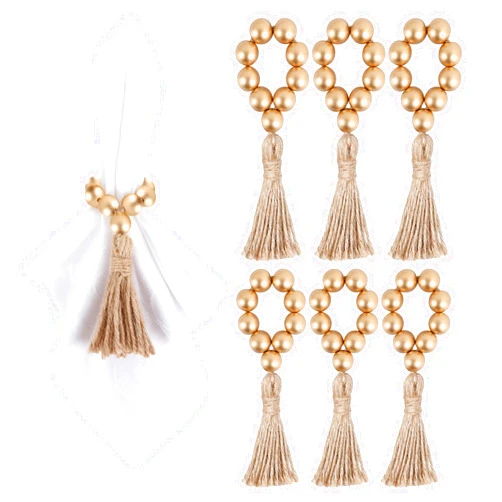 Meplait 6 Pieces Wooden Bead Napkin Rings, Farmhouse Stretchable Napkin Rings with Tassel Boho Napkin Rings for Dining Table,Wedding Decoration (Gold)