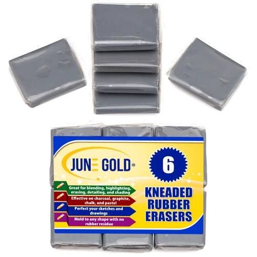 June Gold Kneaded Rubber Erasers, Gray, 6 Pack - Blend, Shade, Smooth, Correct, and Brighten Your Sketches and Drawings