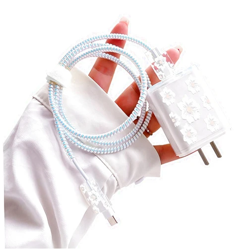 CameCosy Cute Flowers DIY Protectors Cable Protector for iPhone Charger,Elegant White Camellia Pattern,Data Cable USB Charger Data Line Earphone Wire Saver for iPhone X 13 12 11 Pro Max