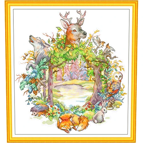 Funcrostitch Cross Stitch Kits Stamped Full Range of Embroidery Set,DIY Sewing Pattern Needlework Kits for Beginners 11CT 3 Strands-Forest Wreath 51cm×54cm