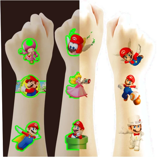 WANVAE Mario Luminous Temporary Tattoos for Kids, Super Mario Glow In The Dark Tattoos for Boys and Girls, Cute Cartoon Glow Party Supplies Gifts with Gift Box
