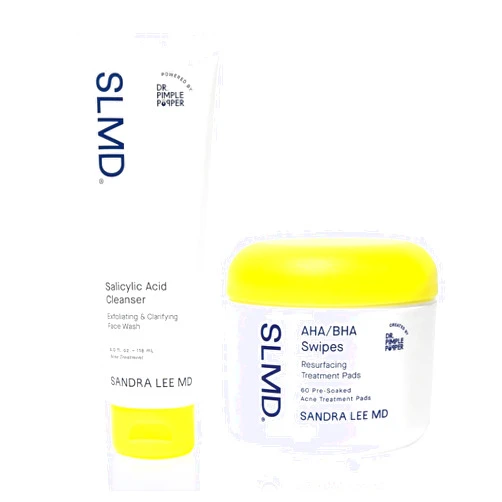 SLMD by Dr. Pimple Popper | Salicylic Acid Cleanser 4 fl oz & 60 AHA/BHA Swipes | Exfoliating Gel Cleanser & Resurfacing Pads Treats & Prevents Acne Unclog Pores, Brighten Skin, Minimize Aging Signs