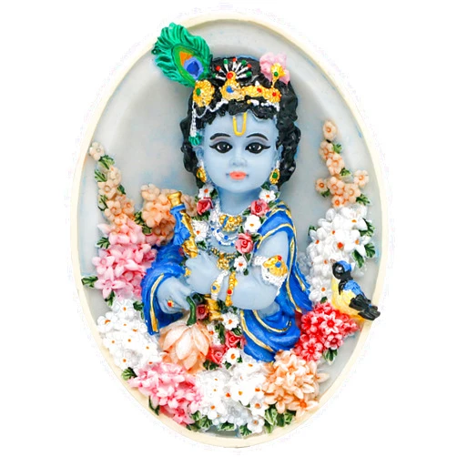 Alikiki Oval-Shape Krishna Wall Hanging - 4.6”H Hindu God Lord Baby Krishna Idol with Flute Flowers Indian Polystone Murti Pooja Figurine Home Office Altar Mandir Temple Puja Decor