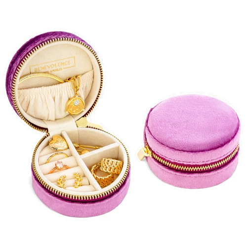 Benevolence LA Velvet Travel Jewelry Box for Women – Compact Round Zipper Case for Rings, Earrings & Necklaces – Small Portable Organizer & Giftable Storage – Lilac