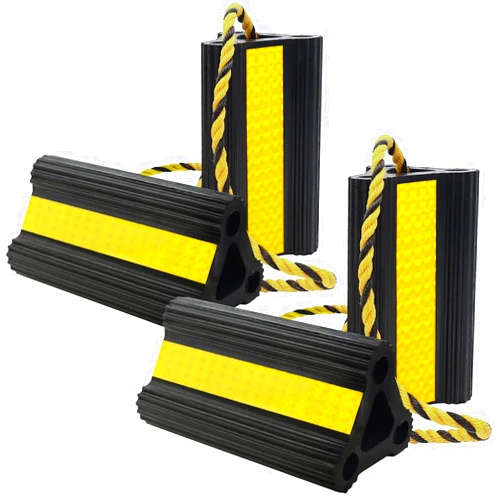 WECARLLE Wheel Chocks for RV Trailer Camper Trucks and Aircraft, Versatile Heavy Duty Rubber Wheel Chocks Block with 3 Reflective Strips, Tire Wheel Immobilizers & Chocks, [2pair/4pack with Rope]RV Accessories