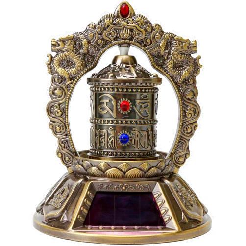KH866 Premium Tibetan Prayer Wheel – Silent Spinning Om Mani Padme Hum Solar Powered Car, Table Top Buddhist Ornaments for Meditation, Yoga, Relaxation, Decorations – Bronze Color