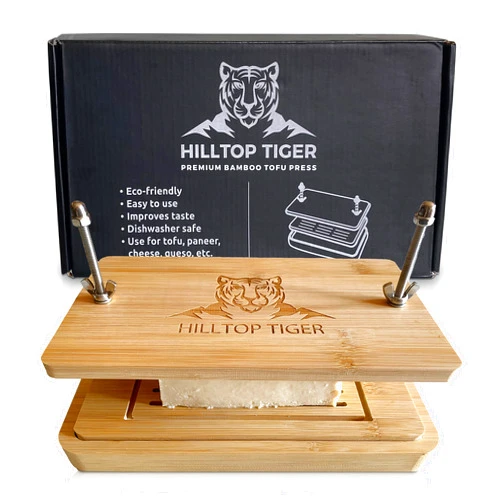 Hilltop Tiger Bamboo Tofu Press – Food-Grade Tofu Presser with Stainless Steel Screws and Dip Tray - Sturdy, Easy To Use Tofu Maker - Dishwasher Safe - Plastic-Free Tofu Making Kit for Extra Firm Tofu