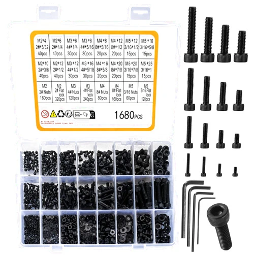 XhjzgcTech 1680 Pcs M2 M3 M4 M5 Metric Hex Head Bolts and Nuts and Washers Set, Hex Socket Head Cap Screws Bolts and Nuts and Washers Assortment Kit, Black Machine Screws Set