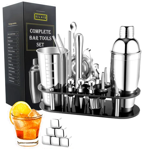 XILAID Cocktail Shaker Set,26-Piece Bartender Kit with Acrylic Stand, Professional Bar Tools for Drink Mixing, Home, Bar, Party, Housewarming Gifts(Include 6 Whiskey Stones)