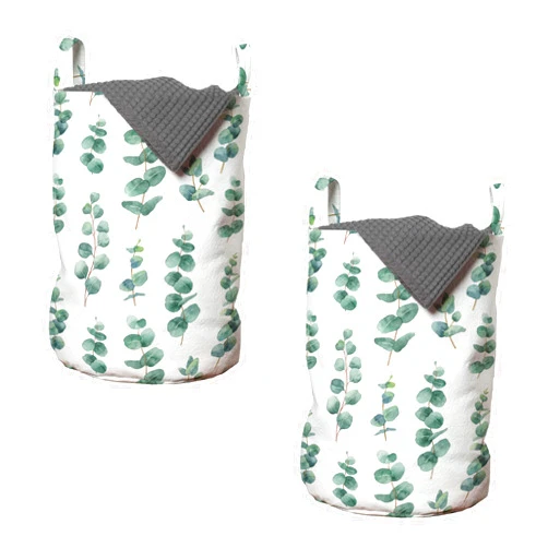 Ambesonne Eucalyptus Laundry Bag Pack of 2, Watercolor Inspired Painting of Forest Leaves and Branches Garden Art, Hamper Basket with Handles Drawstring Closure, 13