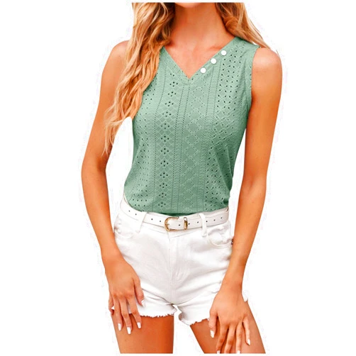 Yxzogd Women's Trendy Tank Tops Summer Eyelet Tanks Casual V Neck Button up Tank Plain Beach Tank Tops Sleeveless T Shirts