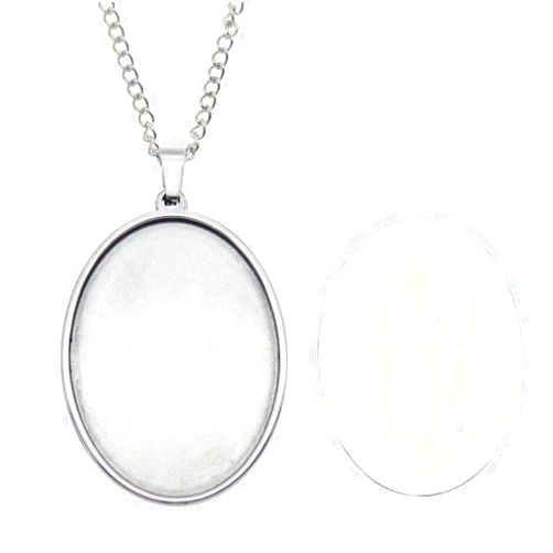 Julie Wang 10 Sets Stainless Steel Bezel Tray Pendant with Glass Cabochons and Chain for Resin Photo Jewelry Necklace Making Oval 25x18mm