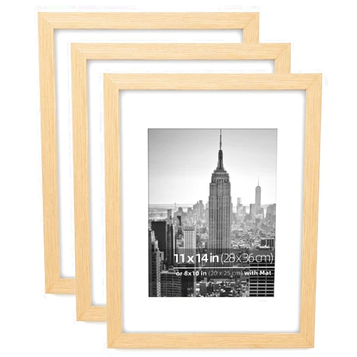 Eitida 11x14 Wooden Natural Grain Picture Frame Set, Display 8x10 photo with mat, Wall Mount Vertically or Horizontally, Natural Oak Textured,3 Pack