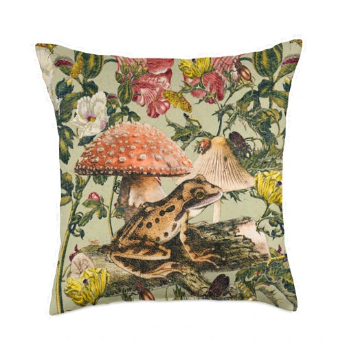 Cute Cottagecore Aesthetic Accessories For Girls Cottagecore Aesthetic Frog Under Toadstool & Vintage Flowers Throw Pillow, 18x18, Multicolor
