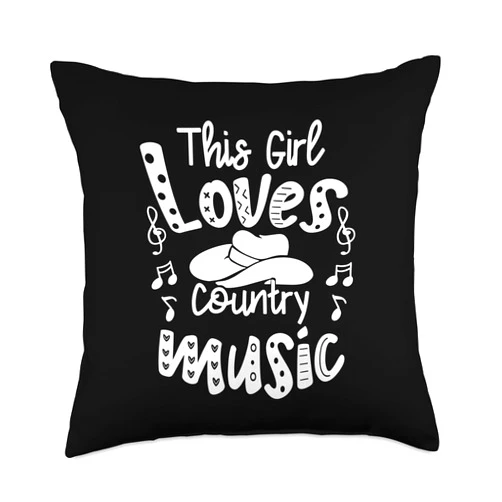 I Love Country Music Gift Idea For Men Women Kids Funny Cowgirl Hat Music Lover This Girl Loves Country Music Throw Pillow