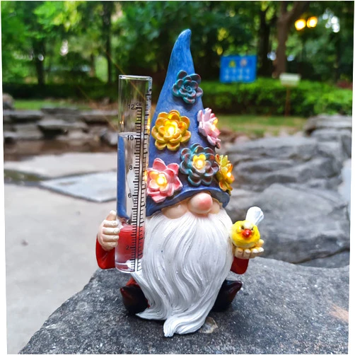 VIVICOMFY Resin Gnome Solar Rian Gauges,Resin Gnome Garden Statue with a Glass Rain Gauge,Hand Painted Gnome Sculpture Water Gauge for Garden Patio,Outdoor Solar Gnome Statue