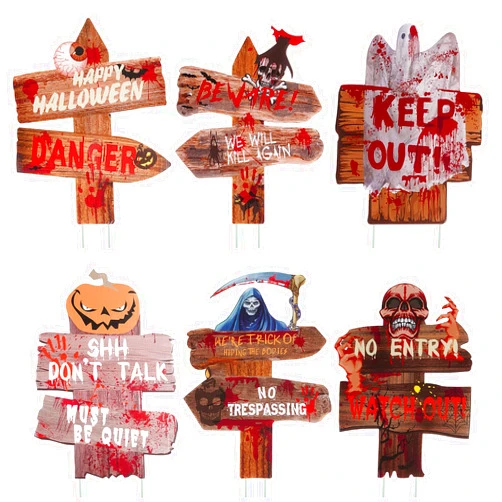 Gobikey Halloween Decorations Yard Signs Stakes Props Outdoor 6 Pack Halloween Outdoor Decorations Scary Zombie Graves Beware Warning Bloody Signs Holiday Party Supplies (15