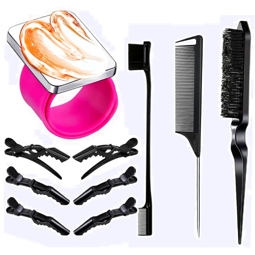 Rabetly Magnetic Wristband for Hair Stylist, 10 Pieces Hair Braiding Tool with Edge ＆Teasing Brush, Rat Tail Comb ＆Alligator Clip, Braider Wristband for Black Hair, Silicone Sewing Pincushion (Hot Pink)