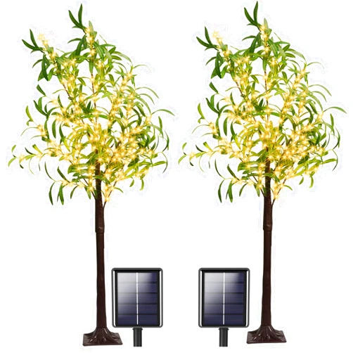 IDEAALS 2PK 4FT Solar Garden Lights Artificial Lighted Olive Tree with 160LED Fairy Lights Waterproof, Solar Tree Lights for Home Decor Indoor/Outdoor, Dual Power Supply (Solar or Plug in)
