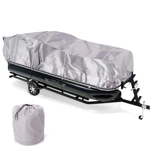 Pyle Universal Boat Adjustable Storage Cover - 25'-28'L to 96” Pontoon Boats Protection Custom Heavy Duty Waterproof Polyester Fabric, Snap Strap, Elastic Cord, Bag