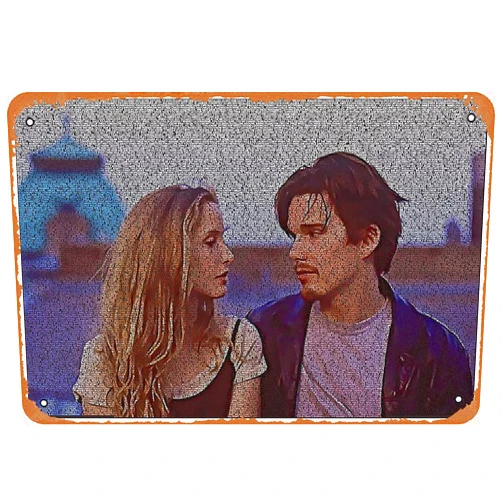 NIUMOWANG Metal Sign - Text Portrait of Ethan Hawke and Julie Delpy with Full Script of The Movie Before Sunrise Tin Poster 12 X 8 Inches