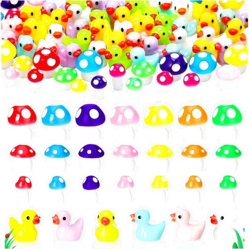 Deekin 100 Pcs Mini Resin Ducks Tiny Mushrooms Miniature Duck Figures Cake Decor DIY Craft Micro Landscape Garden Aquarium Dollhouse Decoration for Pranks Hide Seek Party Favors (Cute, Colorful)