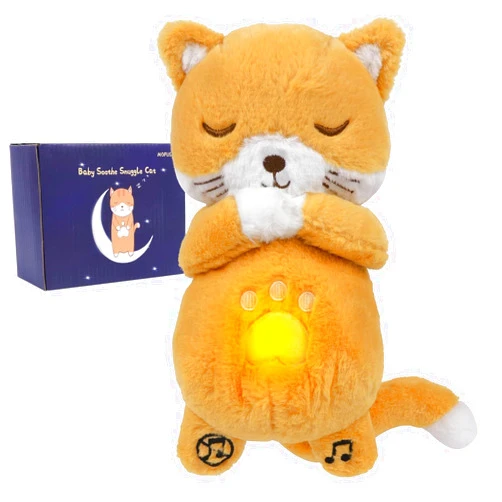 MOFUSAN Soothing Breathing Cat Stuffed Animal, Soothe Snuggle Cat Plush with Battery for Anxiety Adults and Kids, Sleeping Cat Plushies with Realistic Breathing Motion and Lights Music (Yellow)