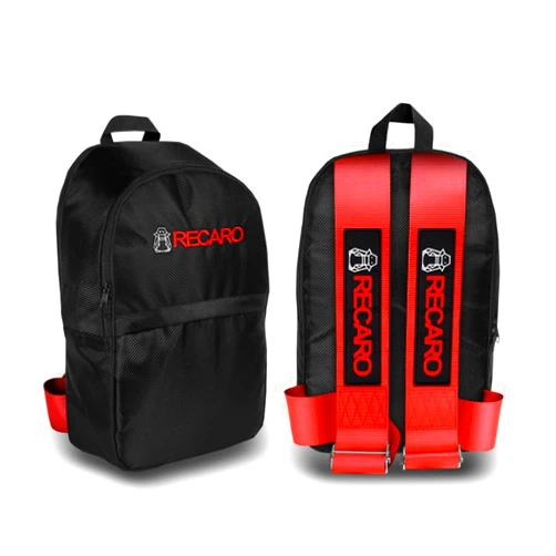 W-POWER JDM Bride Recaro Racing Laptop Travel Backpack Carbon Fiber Style with Adjustable Harness Straps (RECARO-Red Strap)