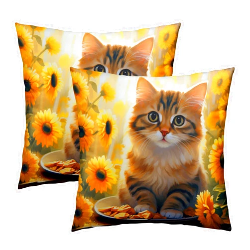 Granbey Cute Cat Sunflower Pillow Covers - Sunflowers Throw Pillow Cases 18x18 Inch Set of 2 Kitten Pet Cushion Cover for Couch Bedroom Indoor Outdoor