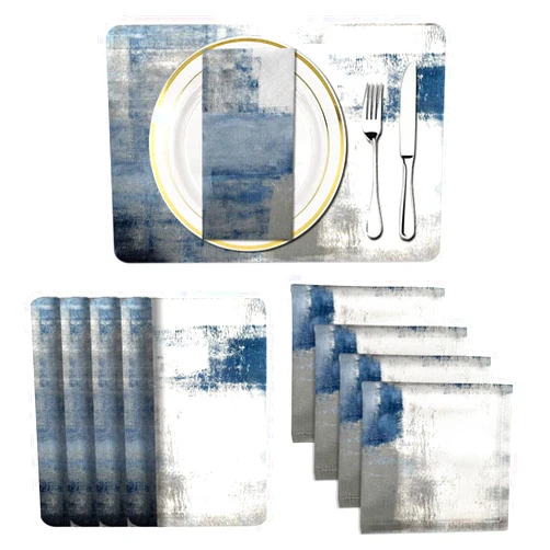 MCALK 4 Each Blue Placemats and Cloth Napkins Set of 8, Modern Art Placemat, Abstract Art Painted Placemats for Home Kitchen Decor (Placemats 18 
