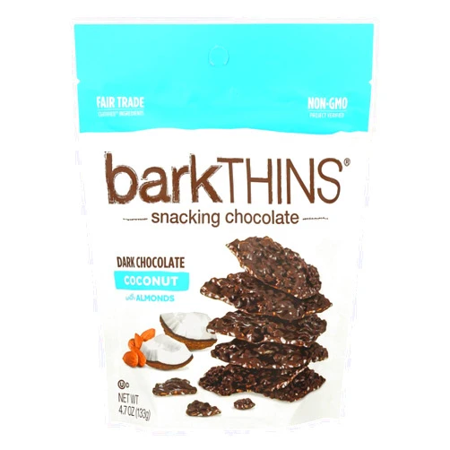 BarkTHINS Bark Thins Toasted Coconut with Almonds Dark Chocolate Snacks, 4.7 Ounce - 12 per case.