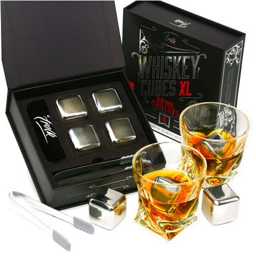 Frolk 4 XL Stainless Steel Whisky Ice Cubes, Special Tongs & Freezer Pouch in Luxury Gift Box for Whiskey Lovers!