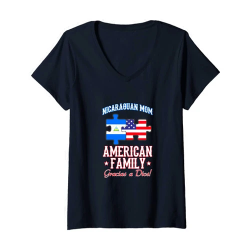 NICARAGUAN FAMILY UNITED UNDER THE US FLAG Womens NICARAGUAN MOM, AMERICAN FAMILY! GRACIAS A DIOS! V-Neck T-Shirt