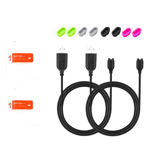 JIUJOJA 2Pack for Garmin Fenix 6S/6S Pro/ 6S Sapphir/6S Solar Charging Clip Sync Data Cable and 2Pcs Free HD Tempered Glass Screen Protector and 8pcs Charger Port Protector for Smart watch