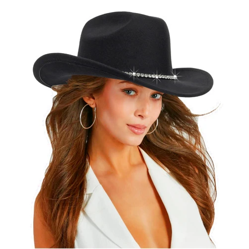 INOGIH Classic Black Western Felt Roll-Up-Brim Cowboy-Hat for Women Men - Bling Cowgirl-Hat Felt Fedora for Disco Parties
