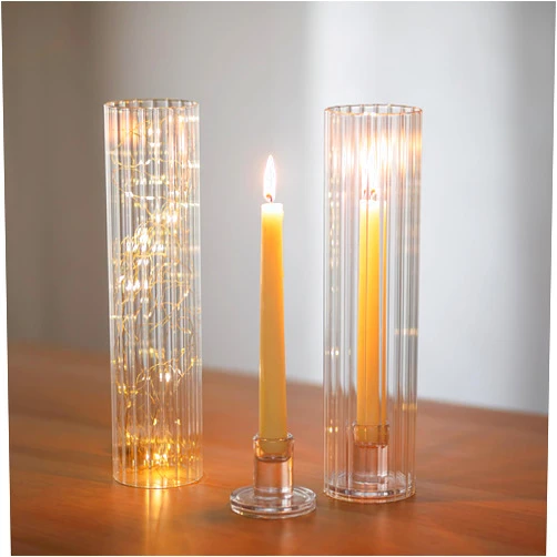 NUPTIO Candle Stick Holder for Centerpiece: Ribbed Hurricane Glass Taper Candle Holders - Set of 2 Candlestick Holder with Tall Cylinder Cover for Fireplace Dining Table Decor