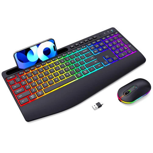 VEILZOR Wireless Keyboard and Mouse RGB Backlit- 2.4G Rechargeable Keyboard Full-Size with Phone/Tablet Holder, Silent Ergonomic Wireless Keyboard Mouse Combo for Computer, PC, Laptop
