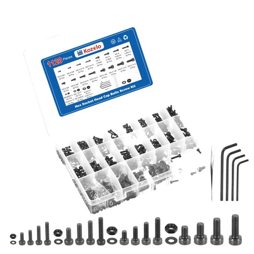 Kozelo 1120pcs Socket Head Cap Screws Bolts Nuts Assortment Kit - [M2/M2.5/M3/M4] Alloy Steel Fully Threaded Black Oxide 12.9 Internal Hex Screw for 3D Printer Use, with Wrench