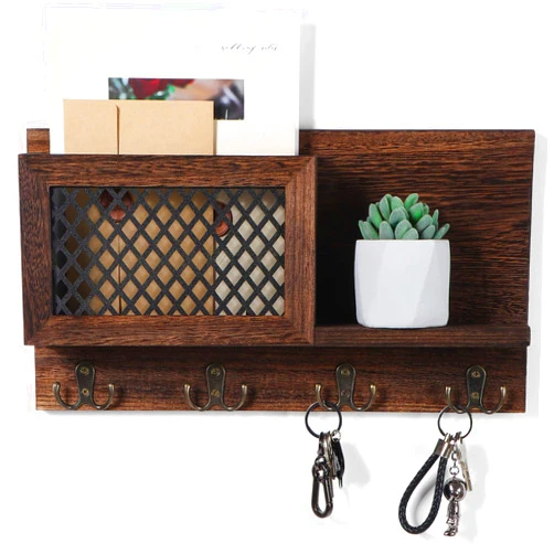 Lucundm Key and Mail Holder for Wall, Rustic Mail Organizer Wall Mount, Wooden Letter Sorter Organizer with 4 Key Hooks, for Hallway Kitchen Farmhouse Decor (16.5” x 9.1” x 3.4”)