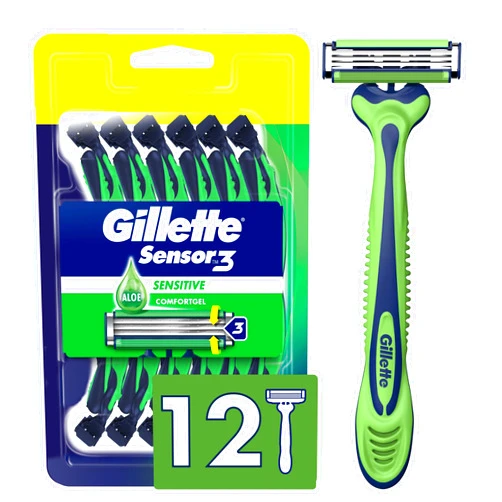 Gillette Sensor3 Sensitive Men's Disposable Razor, 12 Razors