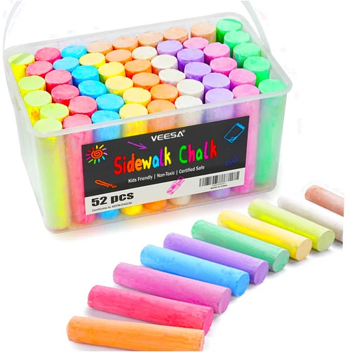 VEESA Sidewalk Chalk, 10 Colors in 52 pcs 4” x 1” Non-Toxic Jumbo Chalk, Colored Chalk Bulk for kids Adults, Draw on Chalkboard, Blackboard and Outdoor Playground