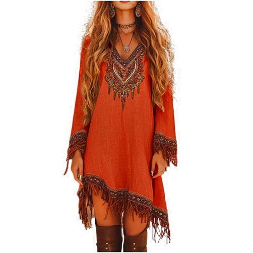 CHONGCHUYAZHOU Cowgirl Dresses for Women Vintage Tassel V-Neck Long Sleeve Sundress Bohemian Floral Western Country Concert Mini Dress