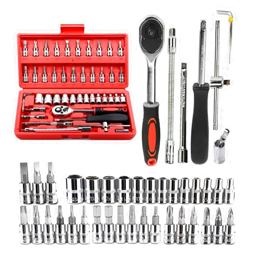 Ylisen 46 Pieces 1/4 inch Drive Socket Ratchet Wrench Set, with Bit Socket Set Metric and Extension Bar for Auto Repairing and Household with Storage Case