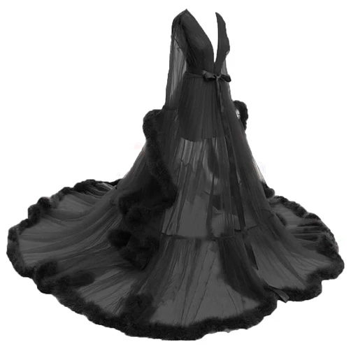 HanDanTian Women Sexy Feather Long Wedding Scarf Illusion Nightgown Robe Perspective Sheer Bathrobe Sleepwear